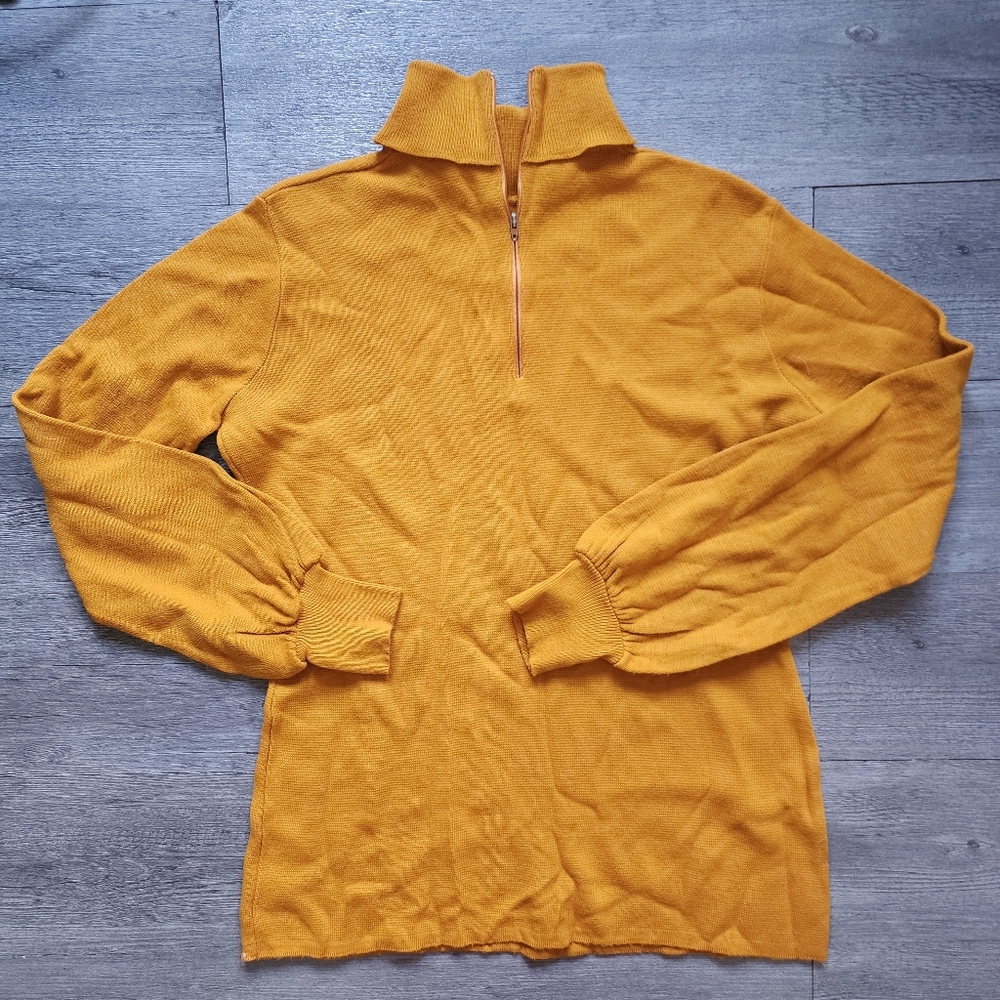 Vintage 70s Knit Turtleneck Sweater Size Medium Mustard Yellow Zipper Neck Long